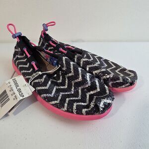 Skechers Girls 3Y Memory Foam Slip On LIL' BOBS Shoes Black White Pink Sparkle